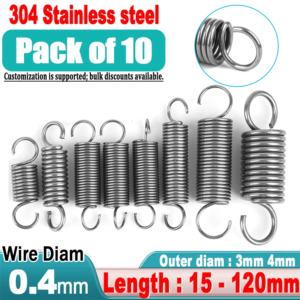 10Pcs 0.4mm 304 Stainless Steel S-hook Spiral Coil Tension Spring, Outer Diameter: 3/4mm, Length: 15-120mm, Customizable
