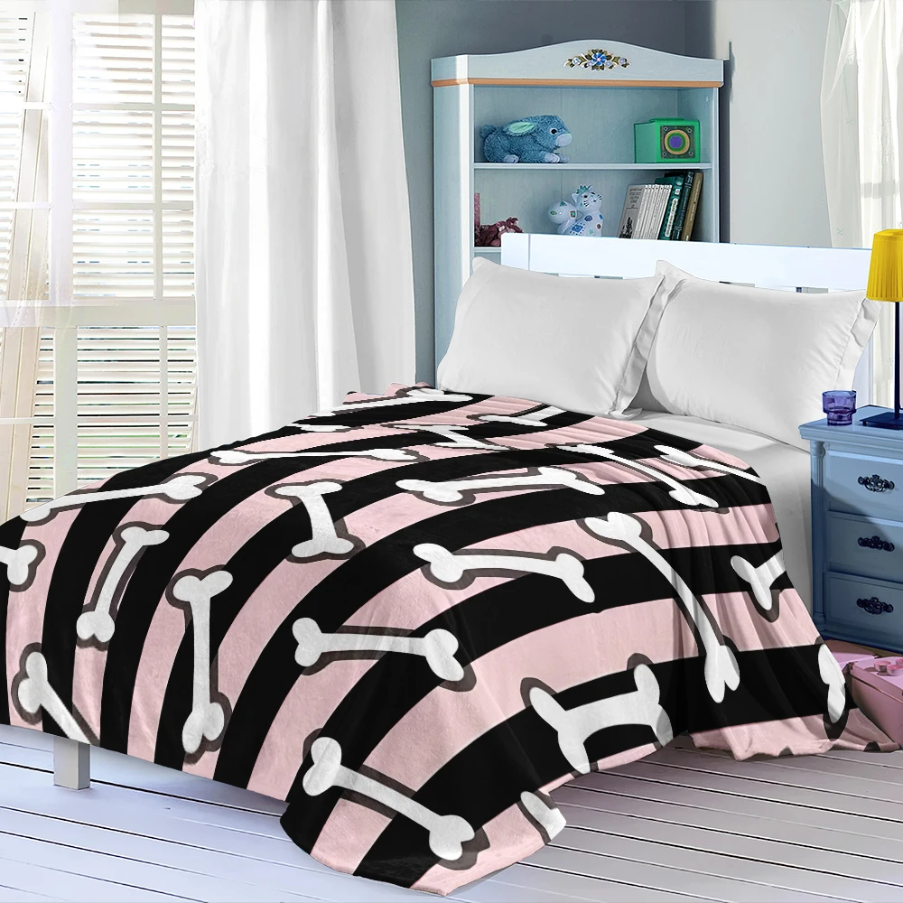 Pink Black Stripes Bones Flannel Blanket Perfect For Sofa Office Bed Travel Sleep Read Relax Camping Four Season Use