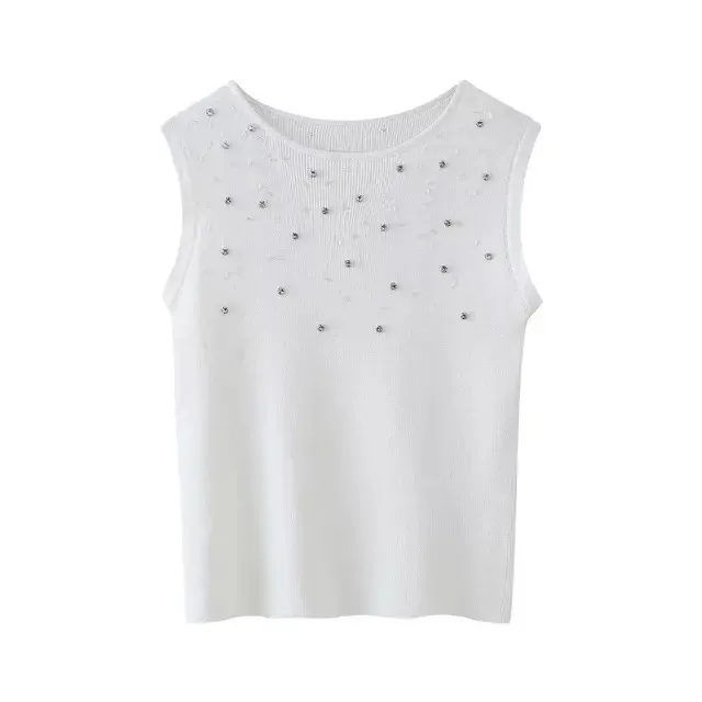 

BabYoung 2024 Women Summer New White Knitting Beading Dew Shoulder Sleeveless Tops Female Chic Slim Pullover Thin Sweater