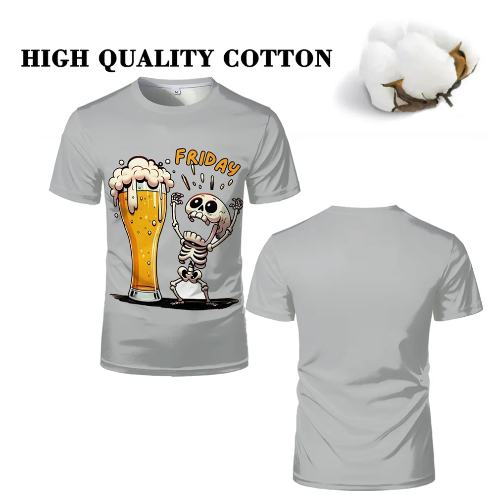 

Summer Skull Beer Pattern Cotton T-shirts Men And Women Casual Loose Round Neck Short-sleeved Tops Cute Cartoon Print Kid's Tees