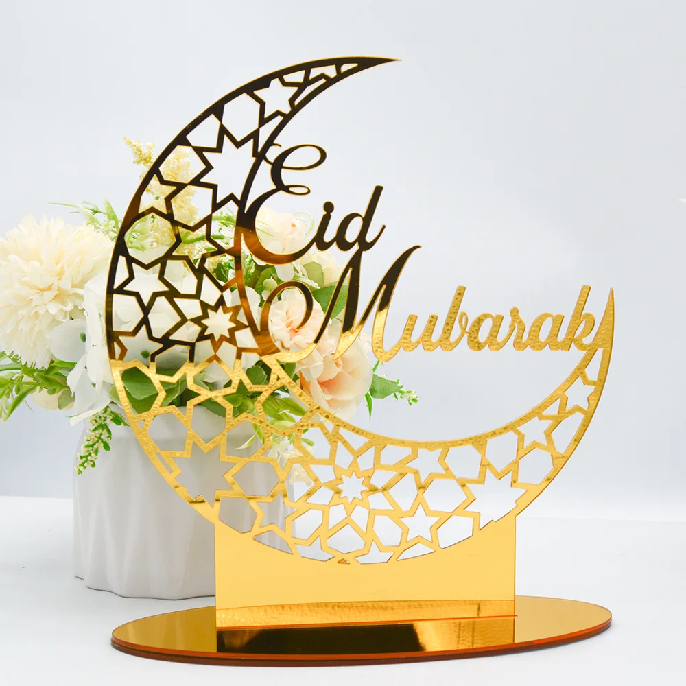 Gold Acrylic Eid Mubarak Ornaments Hollow Moon Star Desktop Decorations Ramadan Kareem Supplies Islam Muslim Festival Party Gift