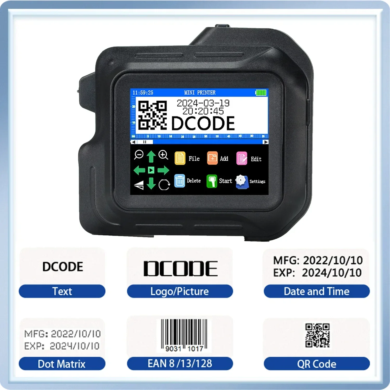 DCODE DC98 12.7mm Portable Mini Printer 2.8inch Touchscreen Handheld Inkjet Printer QR Barcode Logo Date Image Coding Machine