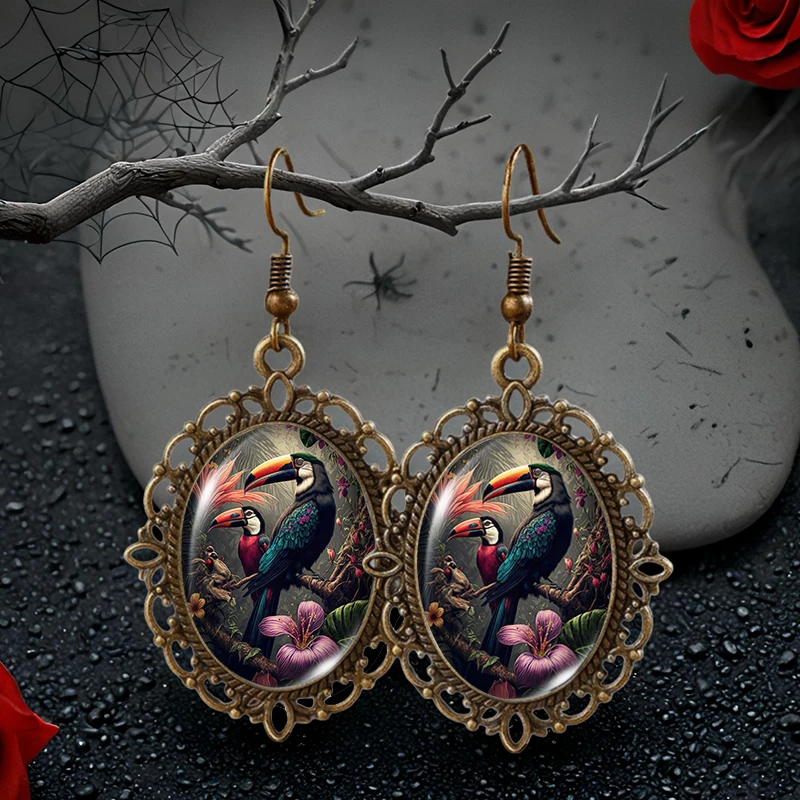 Dark Style Tocans in Jungle Picture Oval Glass Cabochon Flower Shaped Fish Hook Earrings Handmade Gifts