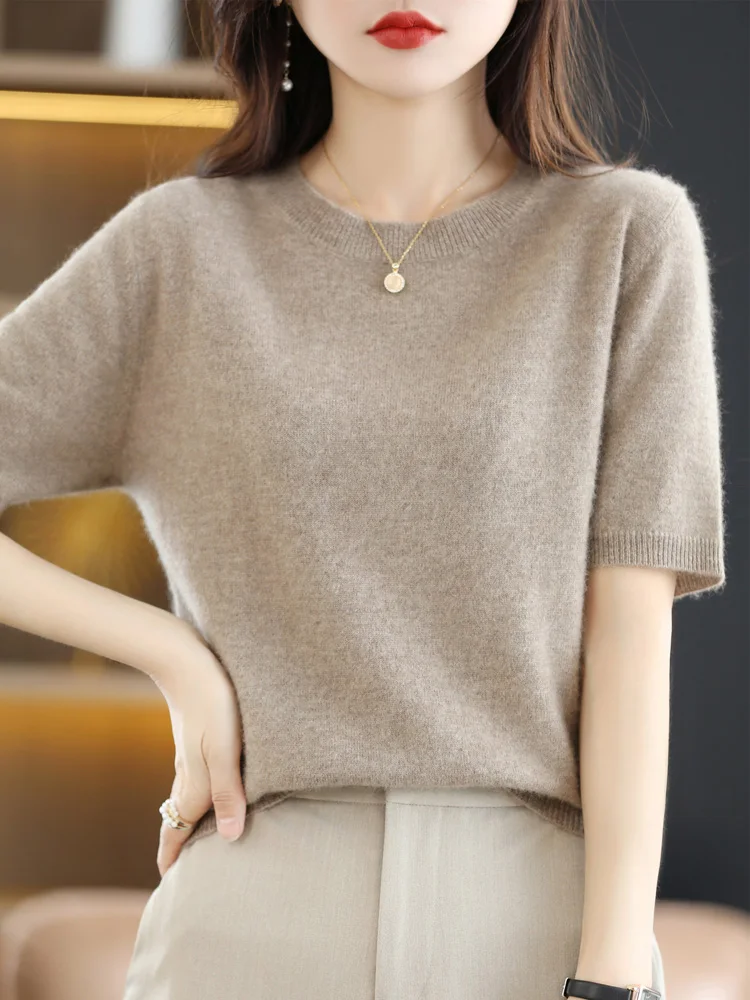 New Fashion Women Summer T-shirt Merino Wool O-neck Short Sleeve Pullover Cashmere Sweater Basic Soft Comfy Clothing Korean Tops