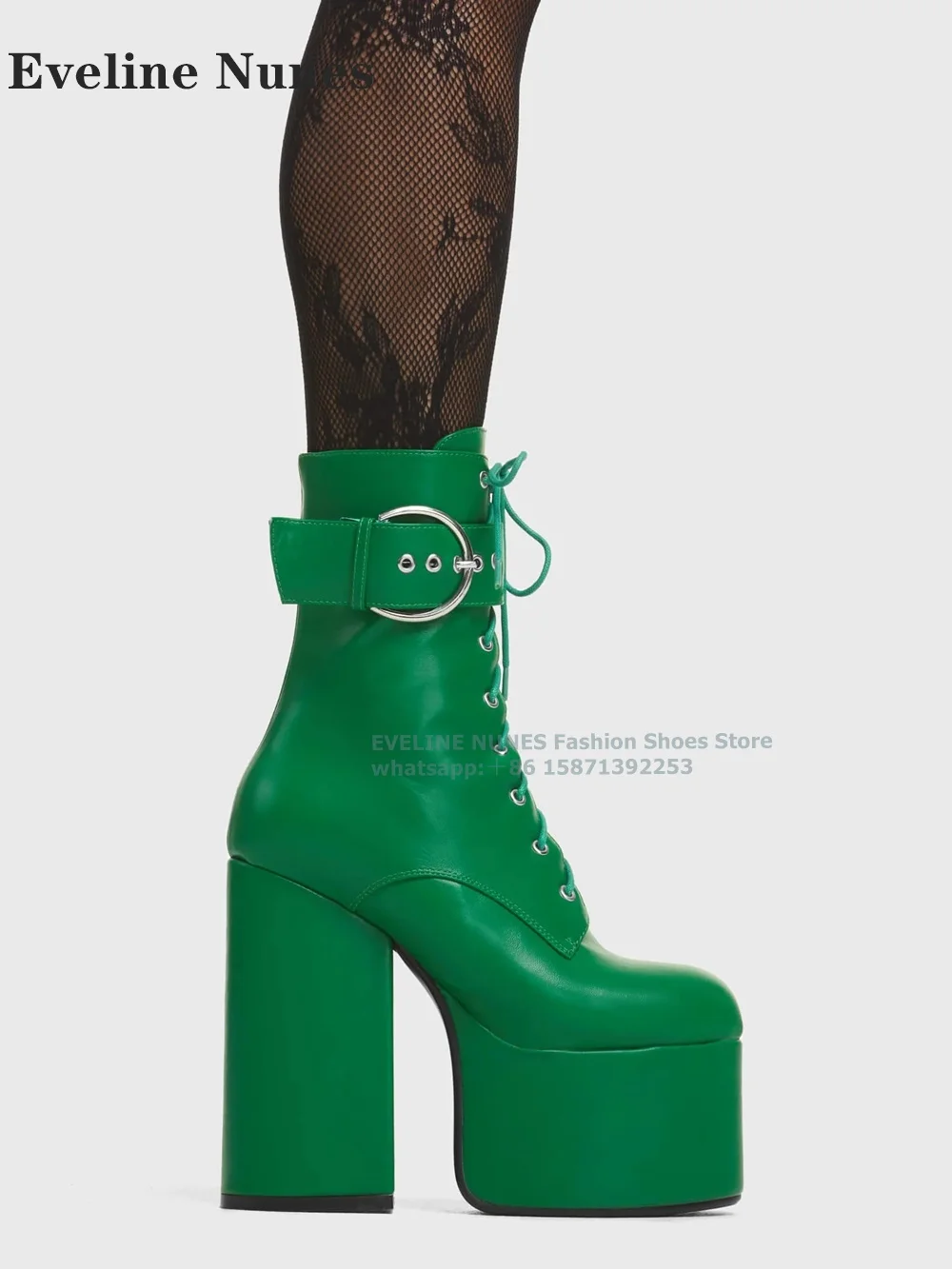 

Green Platform Buckle Strap Ankle Boots Round Toe Height Increasing Solid Side Zipper Cross Tied Plus Size Women Punk Booty 2024