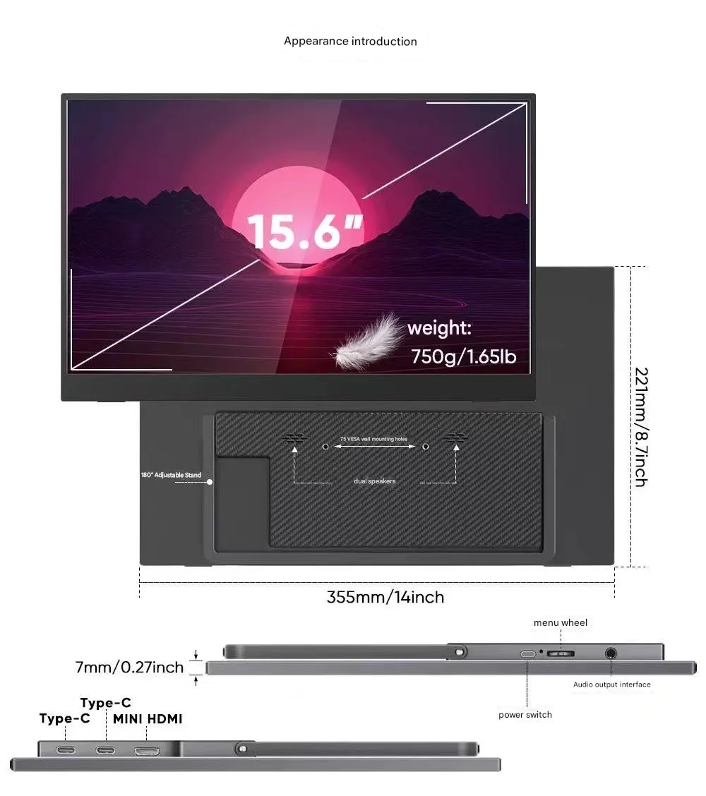 15.6 Inch IPS 1080P FHD Touch Screen Portable Monitor with Type-C/HD/HDR, 60Hz Refresh Rate for Phone/Laptop/Gaming OEM/ODM