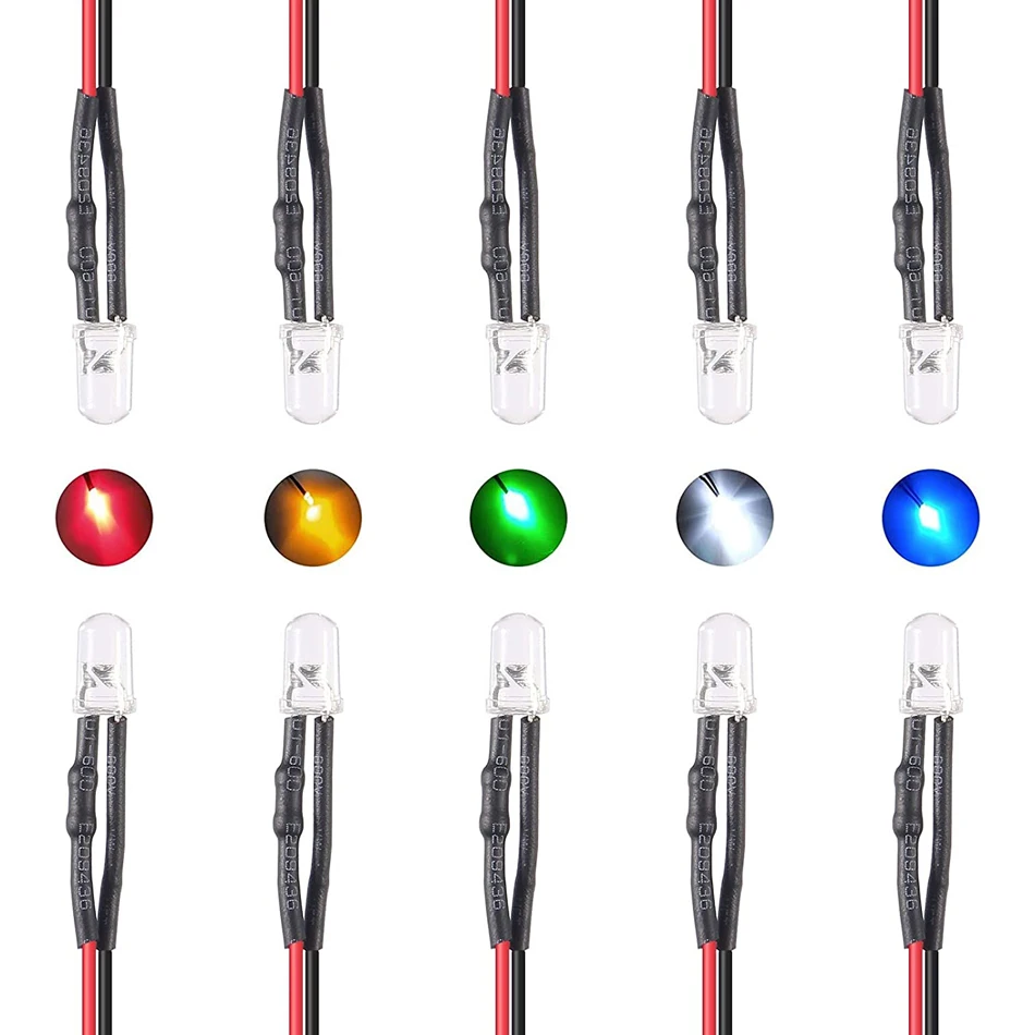 50pcs 12V LED Lights Emitting Diodes, Pre Wired 7.9 Inch DC 12 Volt 5mm LED 5Colors x 10pcs Assorted Kit Diffused Colored Lens