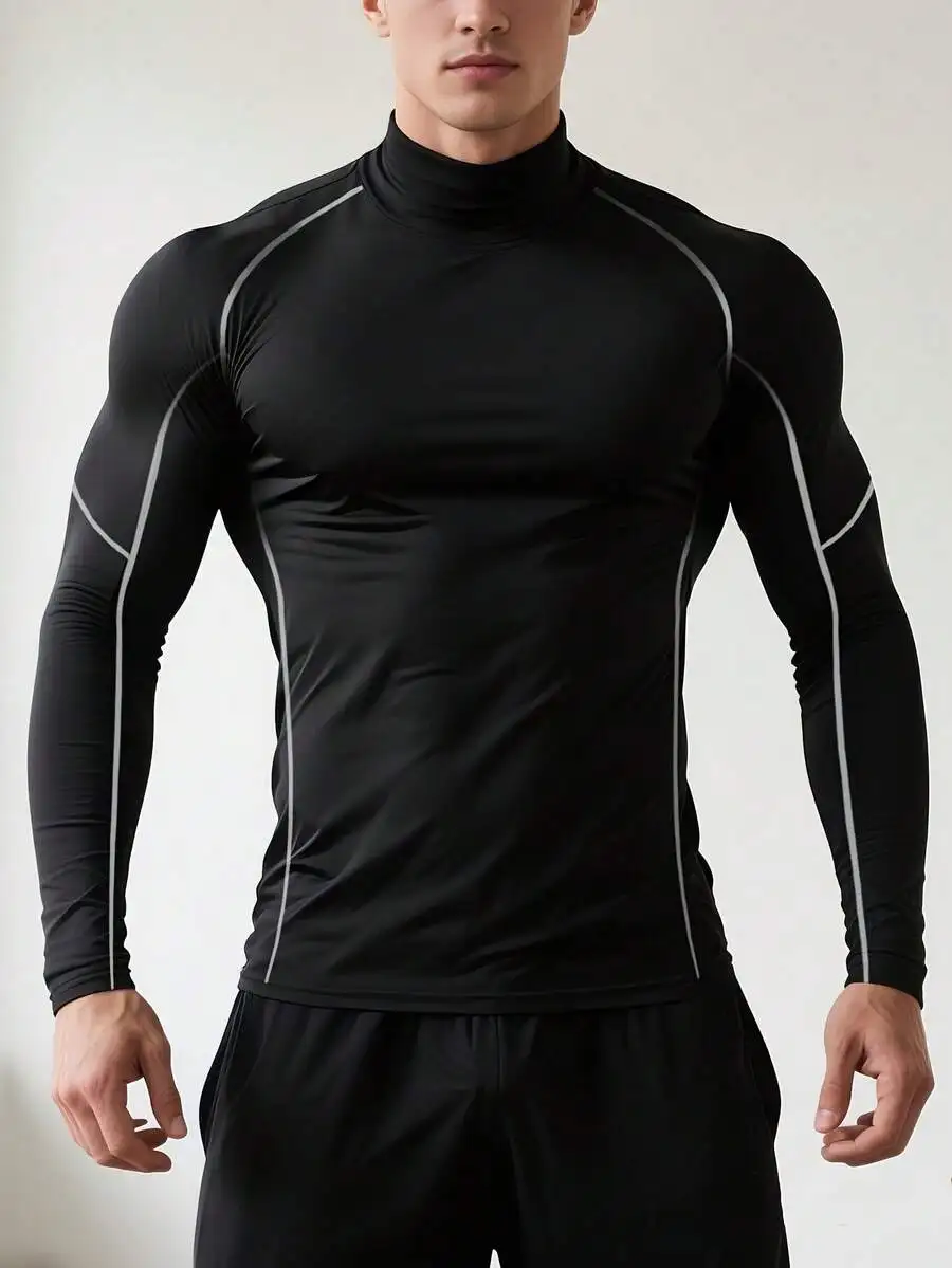 

Mens Quick-Dry Stretch High Neck Long Sleeve Workout Top Moisture Wicking Athletic Gym Shirt