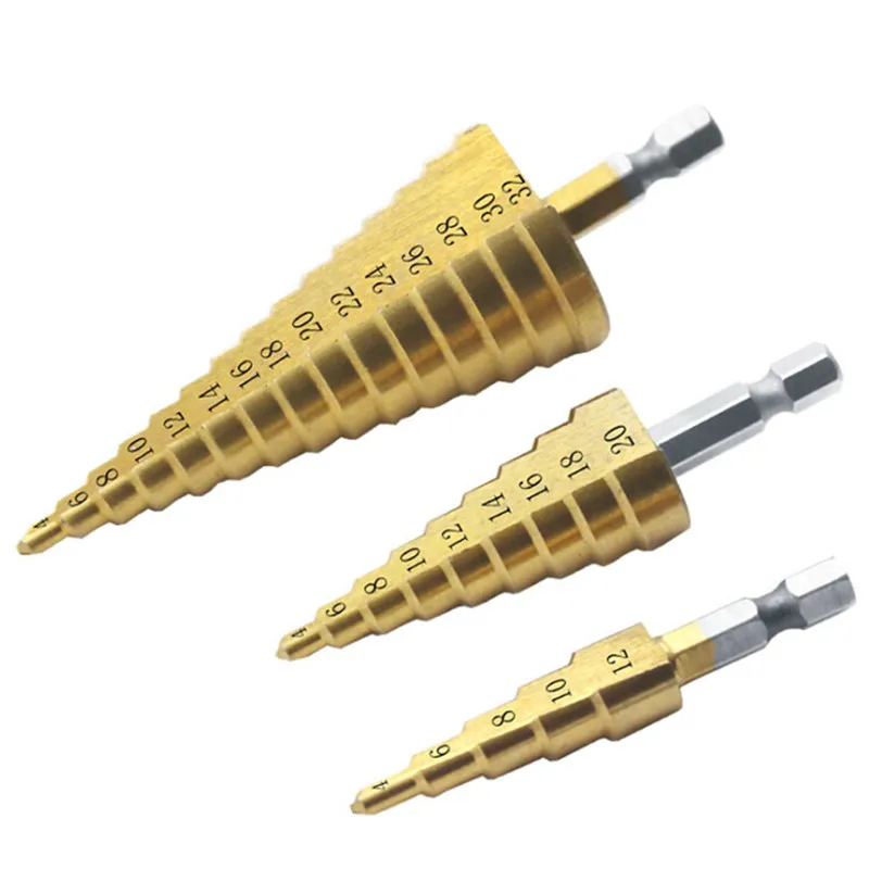 Grande Aço HSS Step Cone Broca Titanium Bit Set, Cortador de furos, 4-12mm, 20mm, 32mm