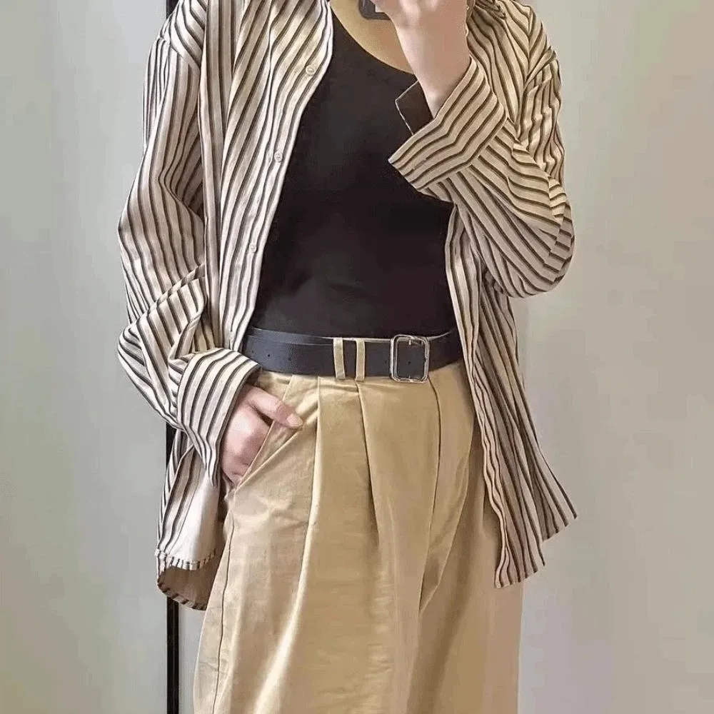Camisas listradas femininas com decote em v, roupas compridas, mangas damasco, café, estilo coreano, blusa, moda urbana, camisas simples com botões listrados