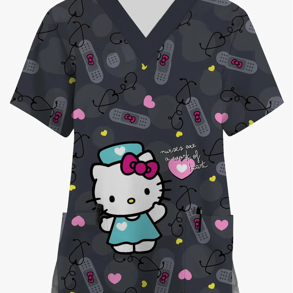 

Summer HelloKitty Cartoon Women's Work Clothing Dental Beauty Salon V-Neck Print Scrub Top Pet Shop Medical Clothing T-shirt
