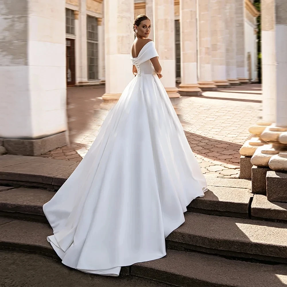 Gaun pernikahan elegan Off The Shoulder Satin A-Line gaun pengantin untuk pesta Formal V-Neck panjang lantai Vestidos De Novia 2024