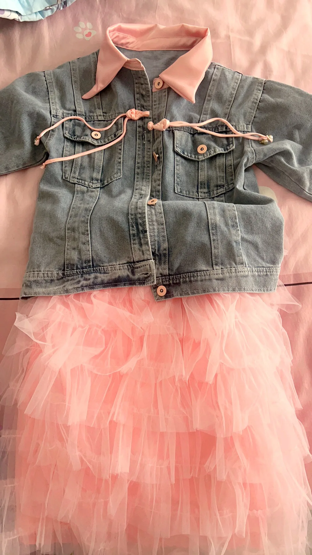 Retail  New Baby Girls Fall Fashion Sets,  Jean Coat +  Pink Mesh Skirts   Princess Sweet Suits  2-9 T