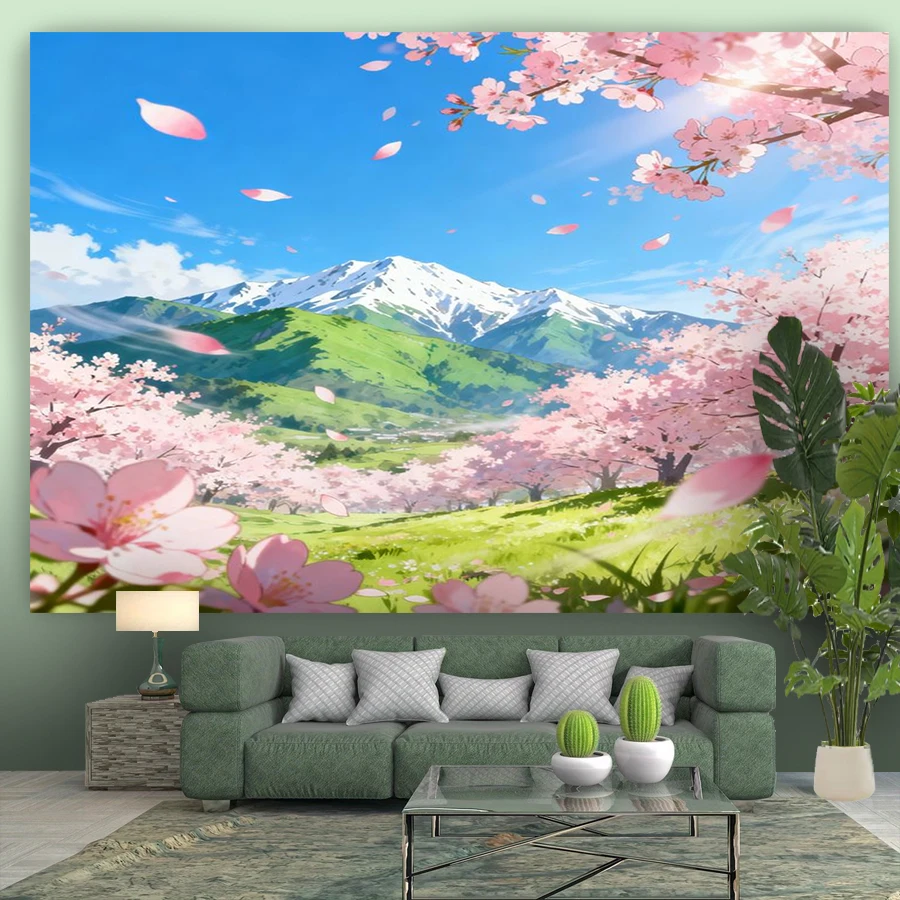 1PC Anime Cherry Snow Mountain Print Backdrop Banner, Bedroom Living Room Photo Background, Polyester, Home Decor, Wall Art