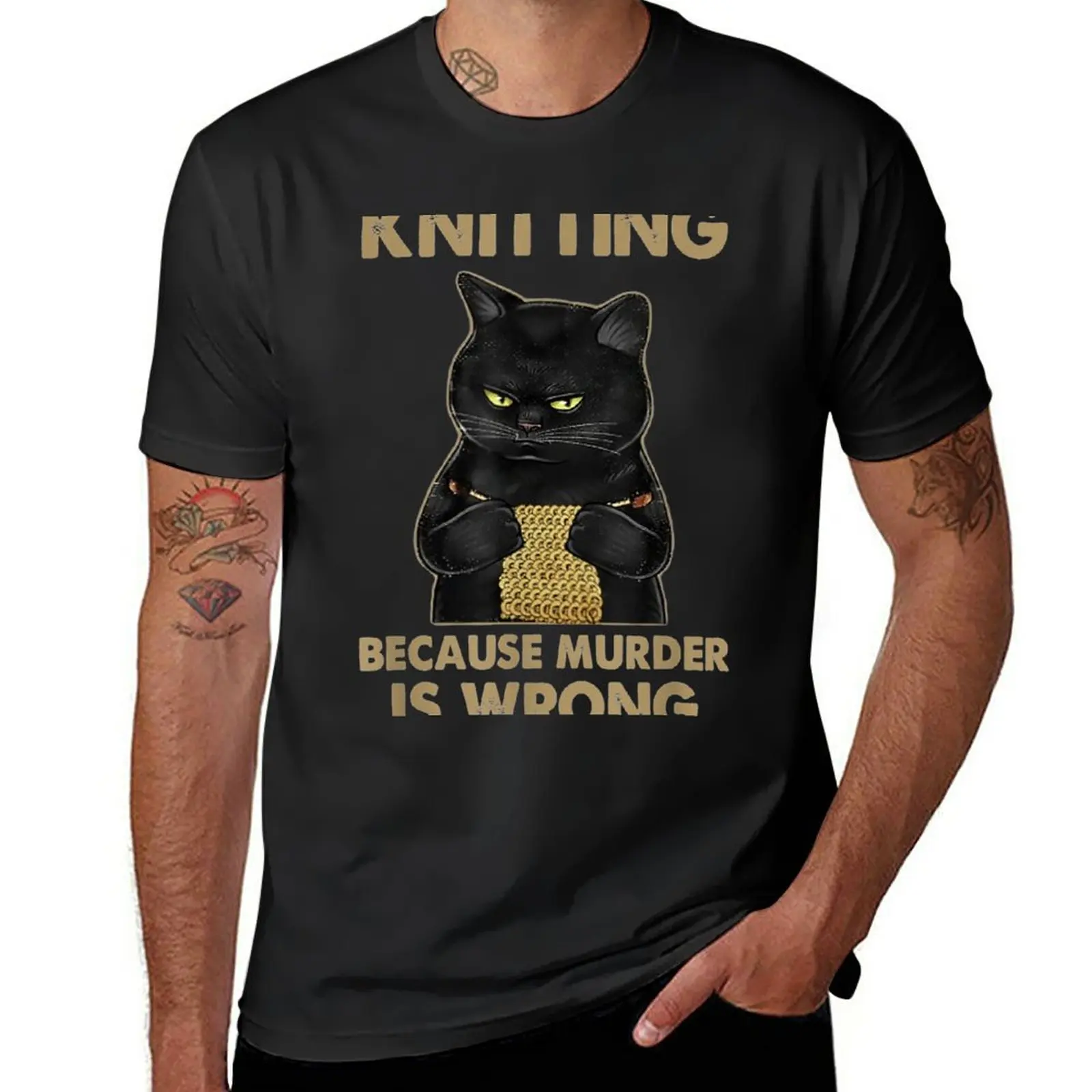 

Funny Cat Knits Knitting Because Murder Is Wrong T-Shirt vintage oversized men clothes