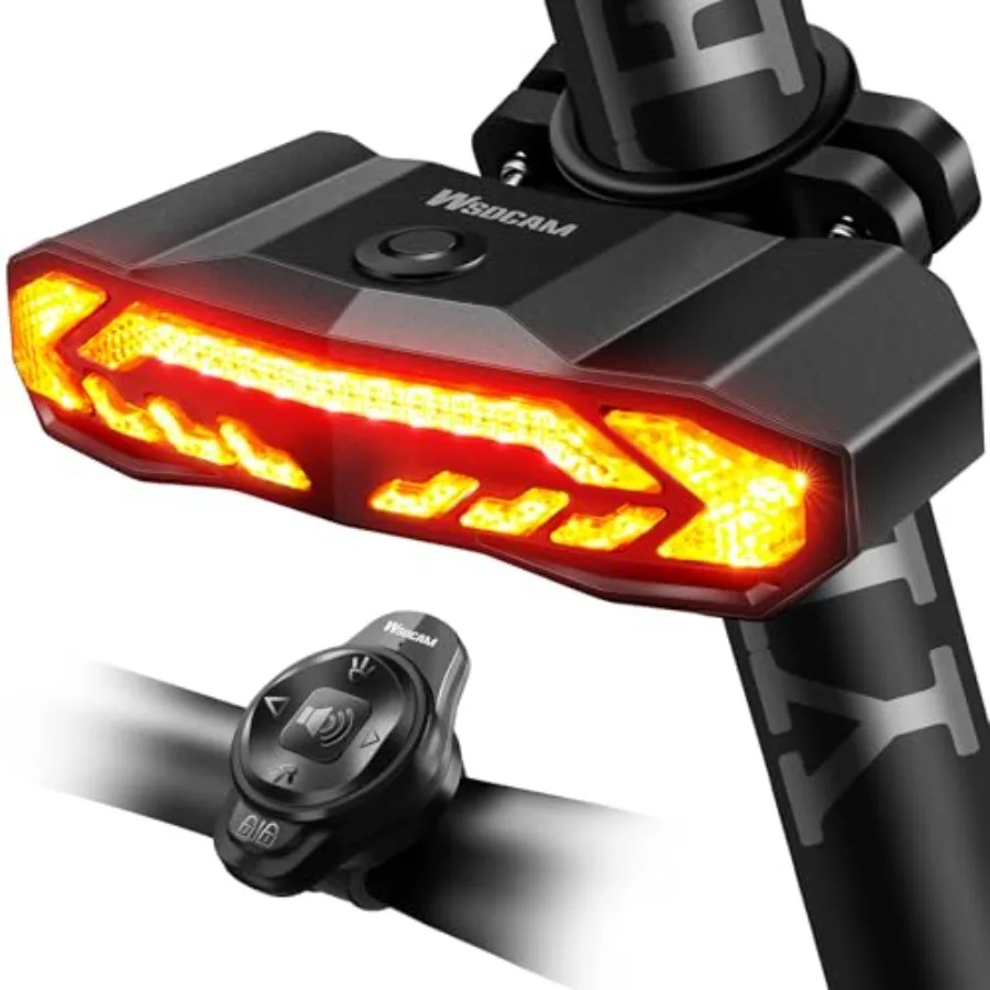 

Smart Bike Light with Turn Signals, Brake Light, and Alarm Horn - Auto ON/Off Rechargeable Waterproof Rear Bicycle Tail Light w