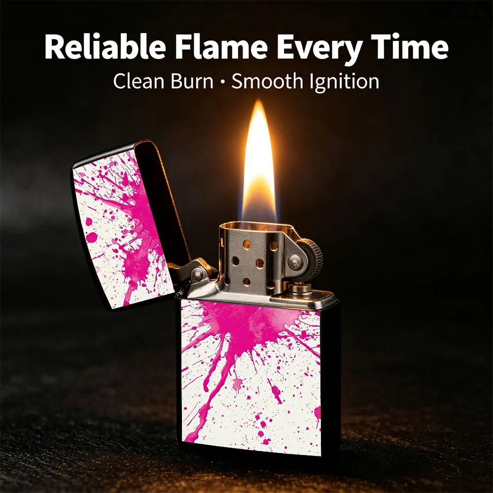 Pocket Lighter, Flip-Top Windproof Design, Pink Paint Splatter Art Pattern, Metal Shell, Comfortable Grip, Refillable, Stylish & Practical