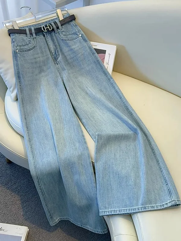 

Light Wash Wide Leg Floor Length Casual Pants Women's Summer New Style Pear Shape Meat Concealing Soft Draping Denim Jeans