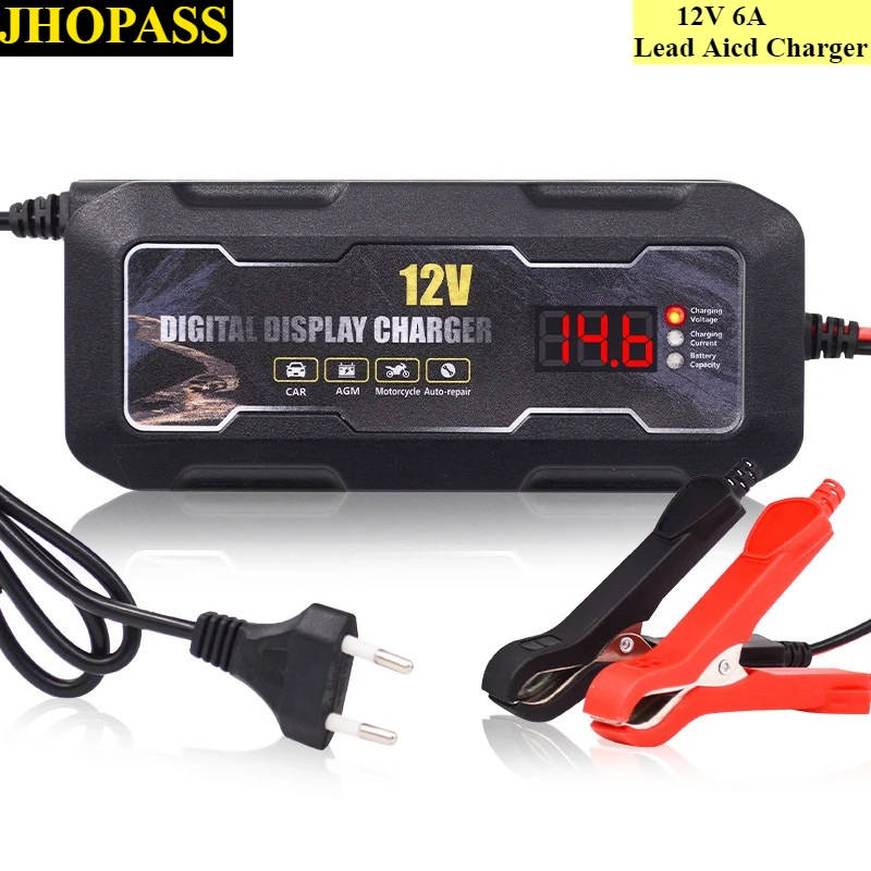 HD 12V 6A Smart LCD Display Lead Acid Battery Charger for Motorcycle E-bike Scooter Car charge AC110V-220V EU AU US UK Plug