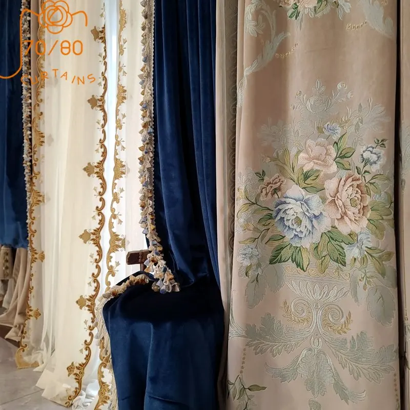 

French Court Retro Floral Embroidery Flannel Patchwork Blackout Curtains for Living Room Bedroom Villa High Window Customization