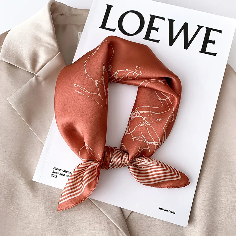 

Sketch Art Square Silk Scarf Women 53cm Caramel Orange Satin Neckerchief Versatile Neck Headband Bag Accessory for Daily Office