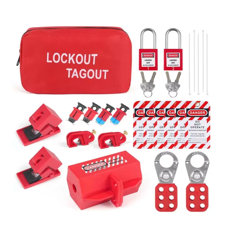 الأحمر مجموعة قفل كهربائي Tagout أطقم السلامة غلق بمشبك مزلاج تحذير العلامات قطاع دارة لوتو أقفال العلاقات النايلون مع حقيبة الجيب #6