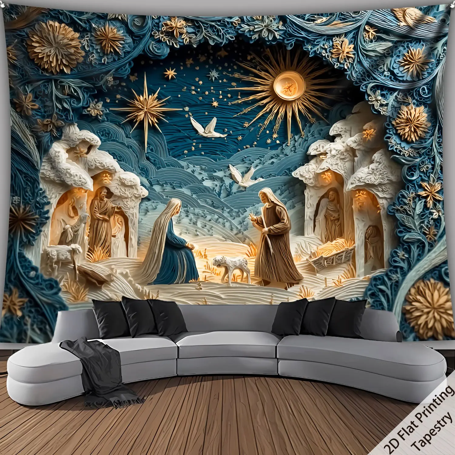 2D Flat, 1pc Extra Large Bohemian Nativity Tapestry Wall Hanging - 2D Relief Texture HD Printed Mary & Scene with Shepherds, Sta