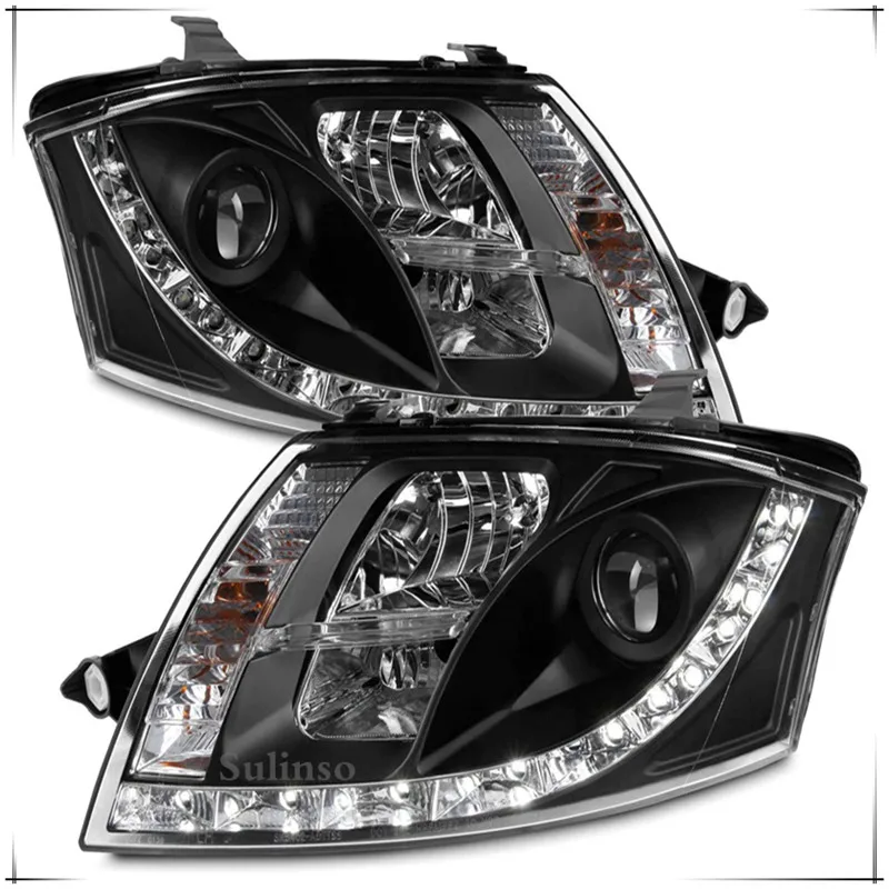 For Audi TT MK1 Type 8N Black Bezel DRL LED Strip Halogen Type Projector Headlights Front Lamps Pair