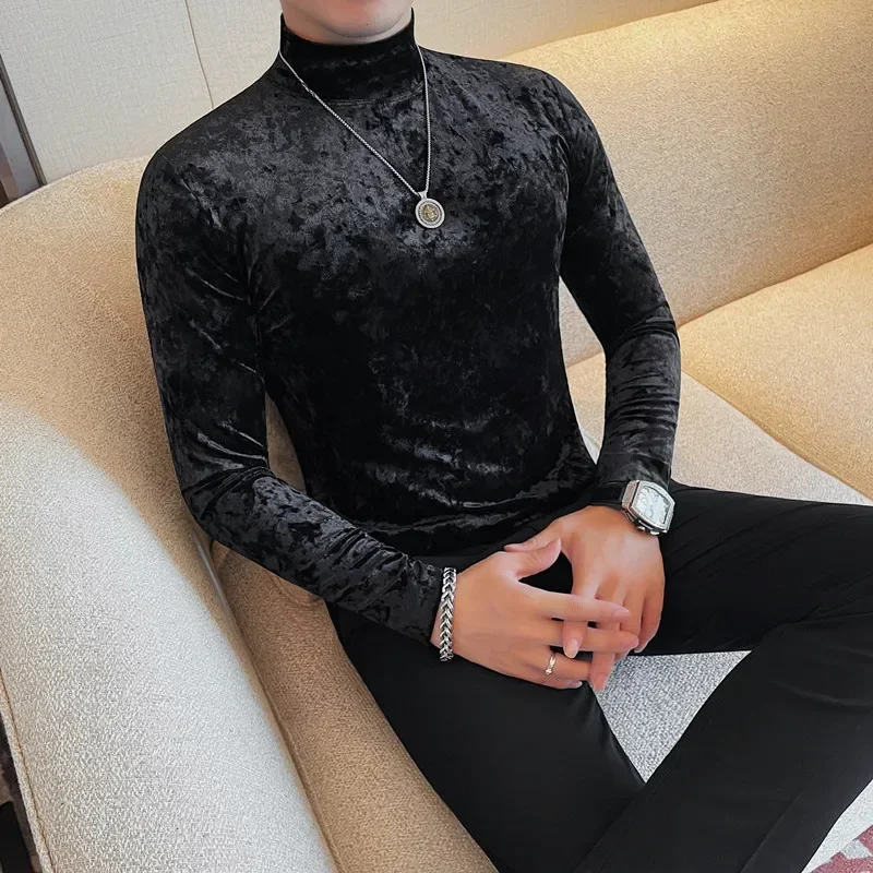 Autumn Winter New Velvet Half High Neck T-Shirt Korean Luxury Men\'s Slim Fit Solid Color Casual Long Sleeve Tee Men Clothing 4XL