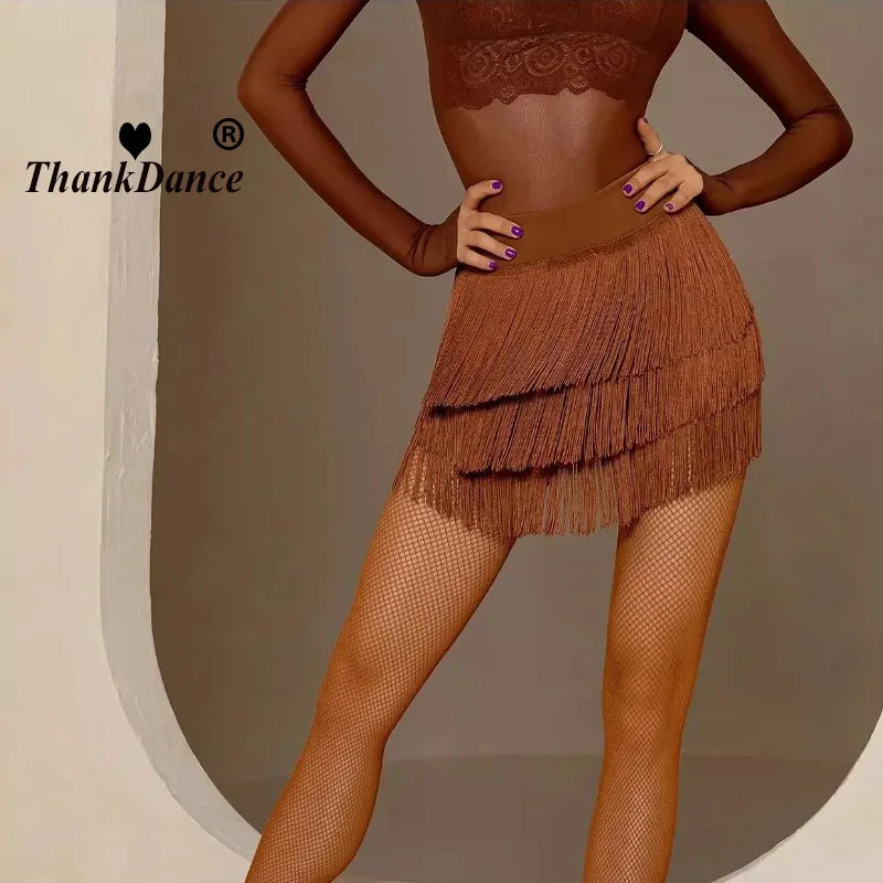 ラテンダンススカート女性ショートスカート大人のタッセルドレス練習ステージ衣装パフォーマンス三層スカートチャチャダンスウェア