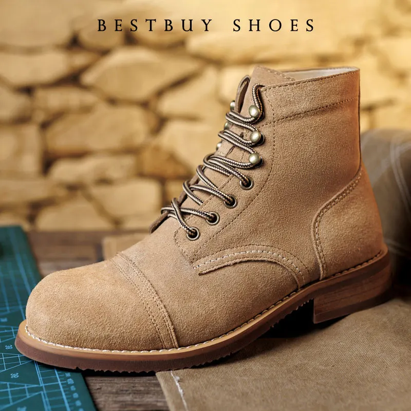 Vintage Tooling Male Motorcycle Boots Quality Cow Leather Wings Round Men Casual Ankle Boots Goodyear-welted Red Shoes