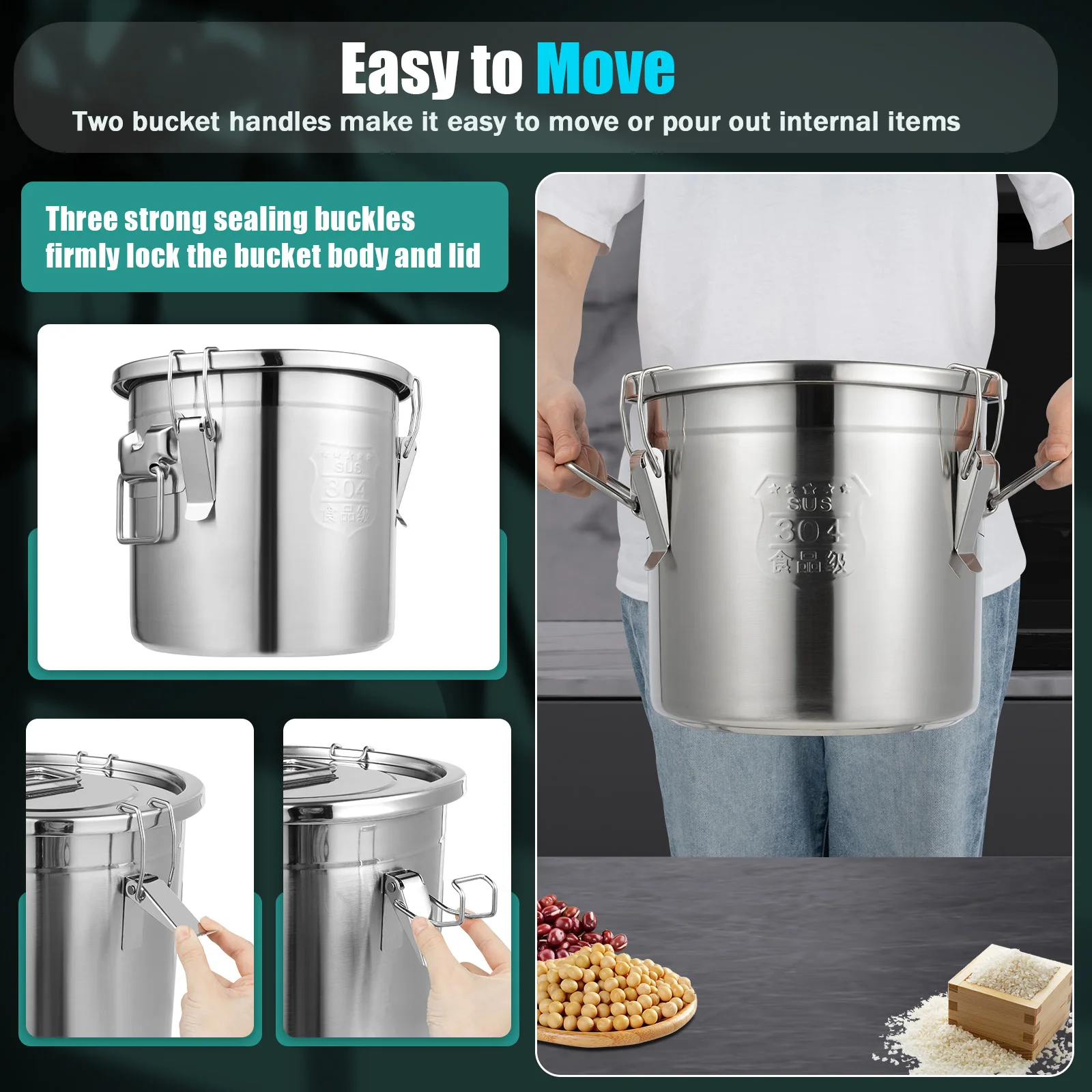 

12L Kitchen Cereal Container Stainless Steel Airtight Canister Food Bucket With Locking Clamp