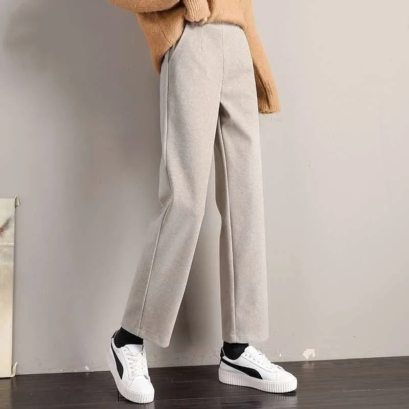 

Women's Thick Woolen Autumn and Winter Solid Color Loose New Korean High Waisted Elastic Ruched Pockets Straight Casual Pants