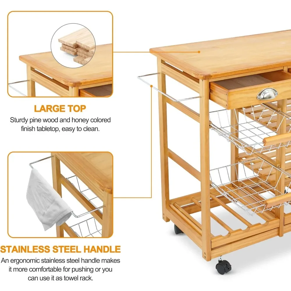 Carrinho de cozinha com armazenamento, Mesa lateral rolante sobre rodas, 2 gavetas, 3 prateleiras, Rodízios bloqueáveis para sala de jantar, Bar