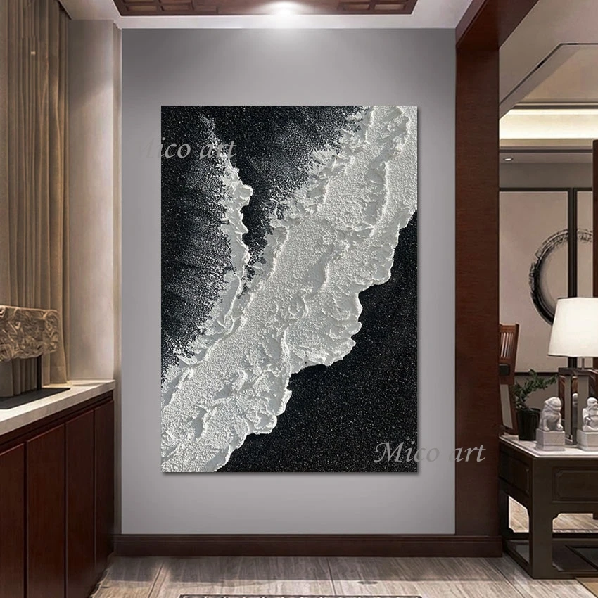 

Unframed Modern Abstract Art Painting Canvas Wall, Black and White, Thick Acrylic Knife Painting, Sea Wave Landscape, Natural