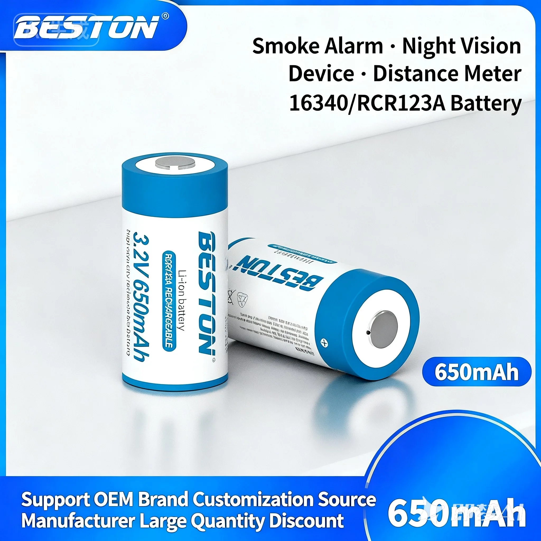 

16340 RCR123A Battery with Charger, 3.2V 650mAh Li-ion Rechargeable, Protected for Flashlight, Laser, Torch, CR123A Compatible