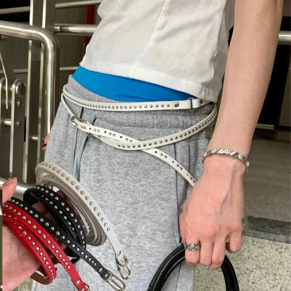 

Корейский двухслойный тонкий ремень Y2K, кожаный ремень с заклепками в стиле панк для женщин и мужчин, длинная цепочка из искусственной кожи, модная джинсовая юбка, украшение, пояс