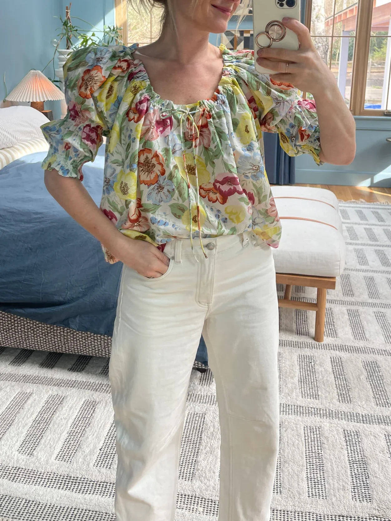 

Flower Print Women 100% Cotton Blouse Top 2025 New Ruffles Edge Round Neck Puff Sleeve Casual Female Shirt