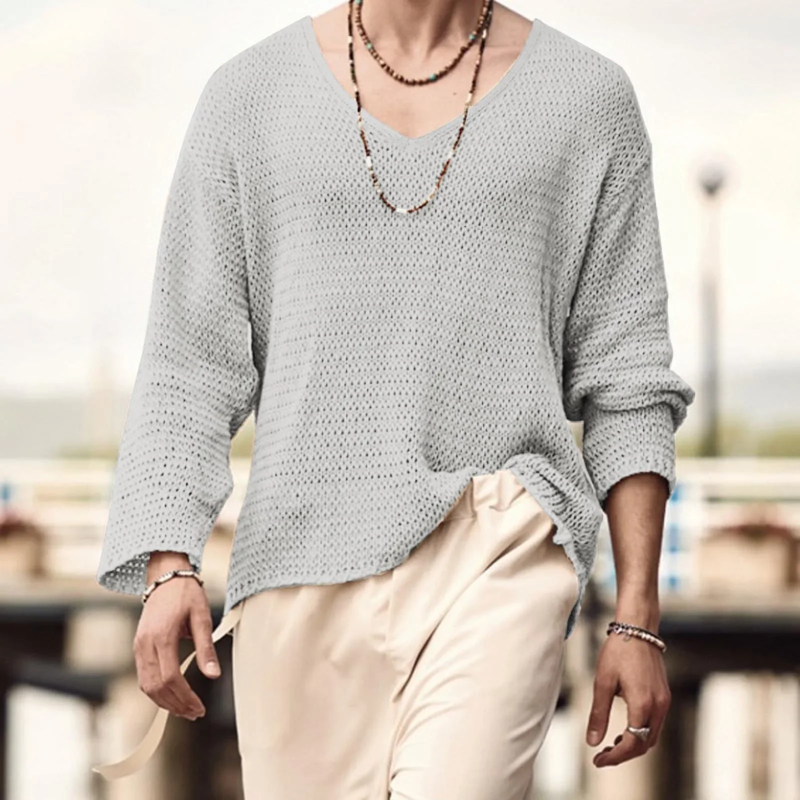 Men Pullovers Solid Sweaters Long Sleeve V Neck Knitted Sweater Hollow Out Loose Casual Autumn 2025 Slight Strech Vintage Tops