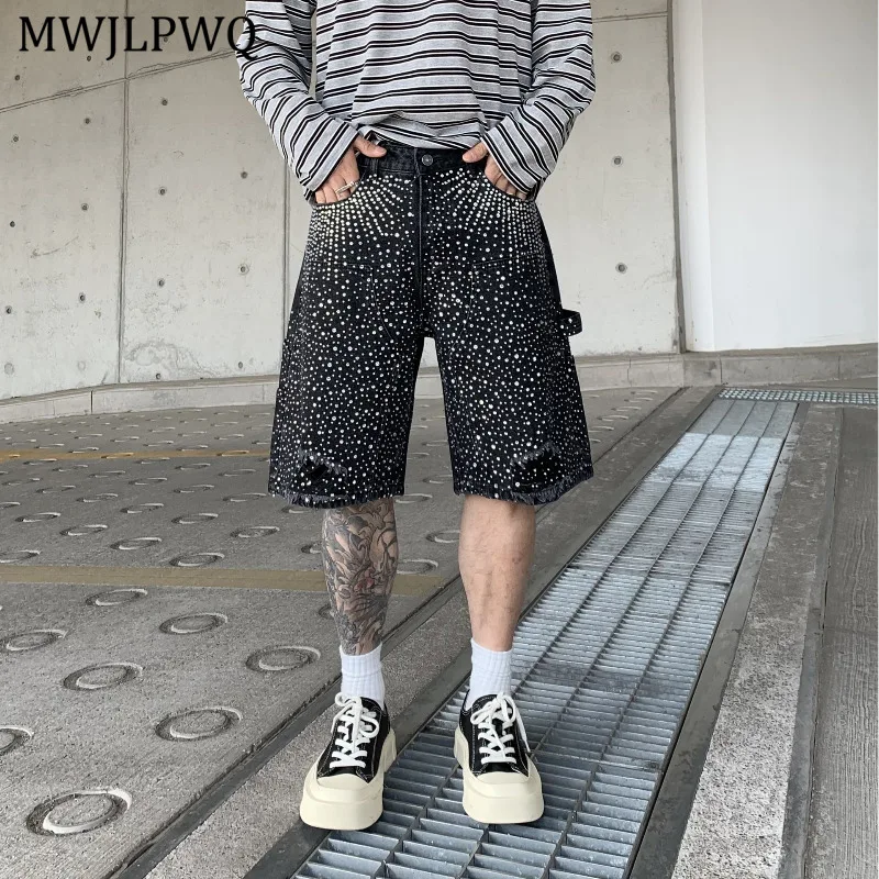 

MWJLPWQ High Street джинсовые шорты с бриллиантами, мужские летние новые рваные брюки-карго с градиентным низом, дизайн для мужчин, трендовые 11418