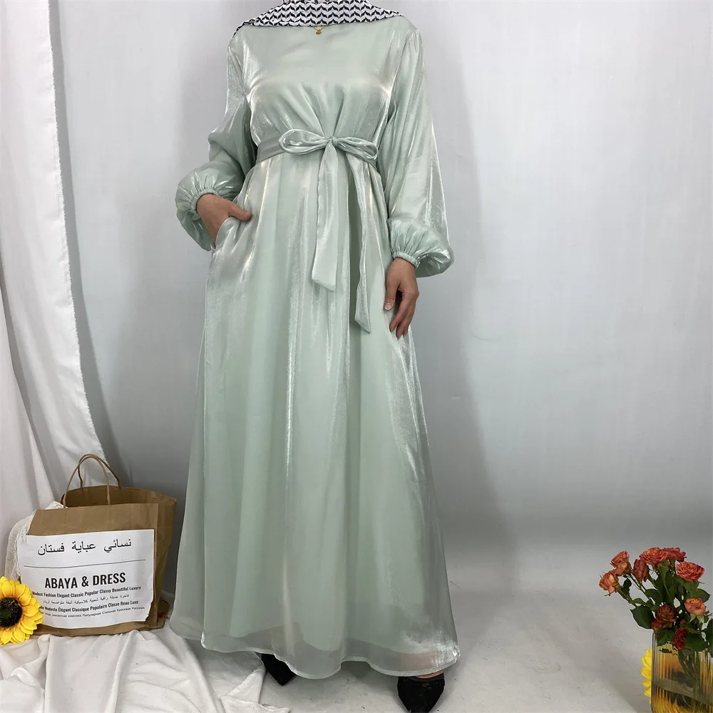 

Eid Women Sliky Dress Muslim Satin Lace-up Abaya Jalabiya Ramadan Long Dresses Abayas Vestidos Largos Kaftan Arab Long Robe 2025