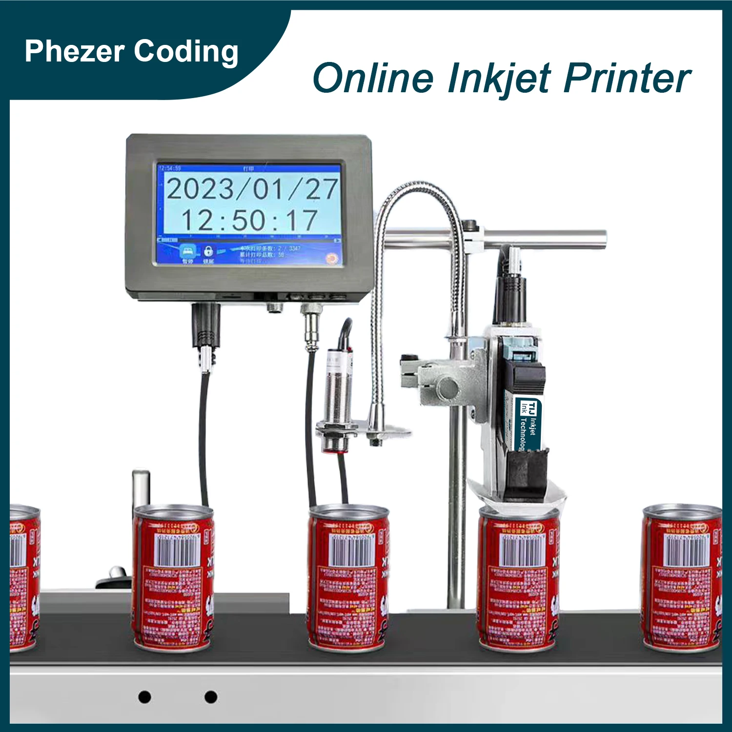 Phezer 12.7/25.4mm P170 screen Label Printer 7-inch Online Inkjet Printer TIJ QR Bar Batch Code Date Number Logo Expiry Date