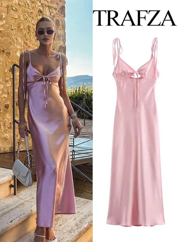TRAFZA Sexy Hollow Backless Dresses For Women 2024 Solid Pink Sleeveless Silk Satin V-Neck Hollow Backless Elegant Dress TRAF