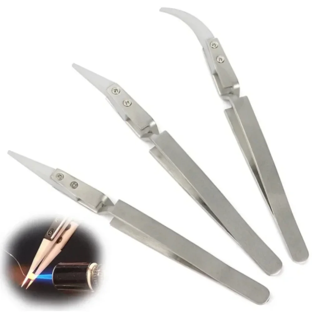 

1/3Pcs Stainless Steel Ceramic Straight Tip Electronic Soldering Tweezer Anti-Static Reverse Acid Resistant Precision Ceramic