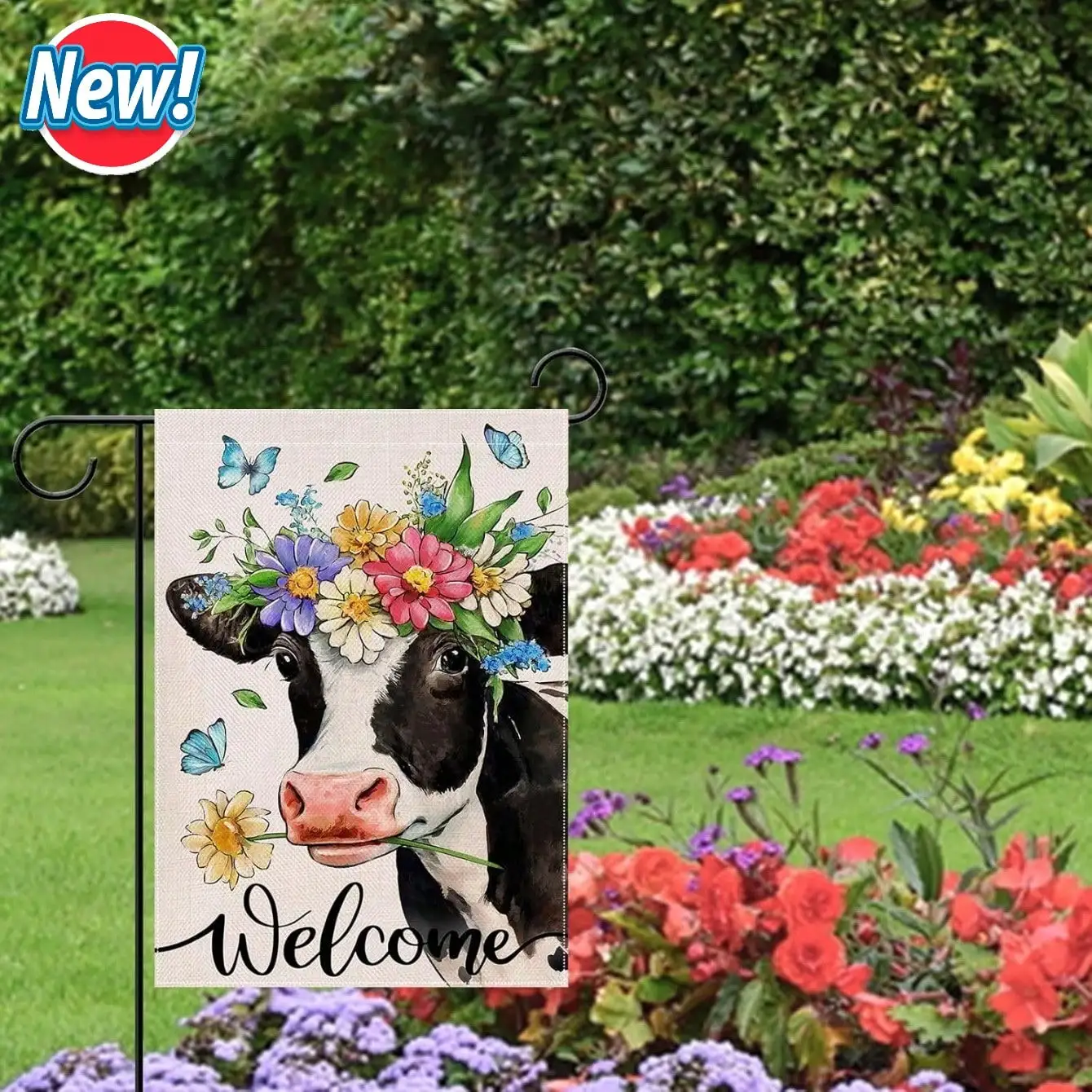 

Двусторонний маленький садовый флаг 12x18 дюймов для весеннего и летнего декора на открытом воздухе - дизайн с коровой, маргаритками и бабочками в стиле фермерского дома