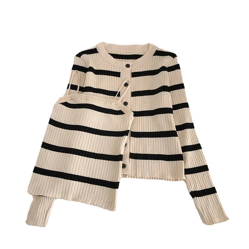 Women\'s Striped Knitting Cardigan Single Breasted Long Sleeved Sweater+Spaghetti Straps Vest Spring Autumn Korean Top 2pcs