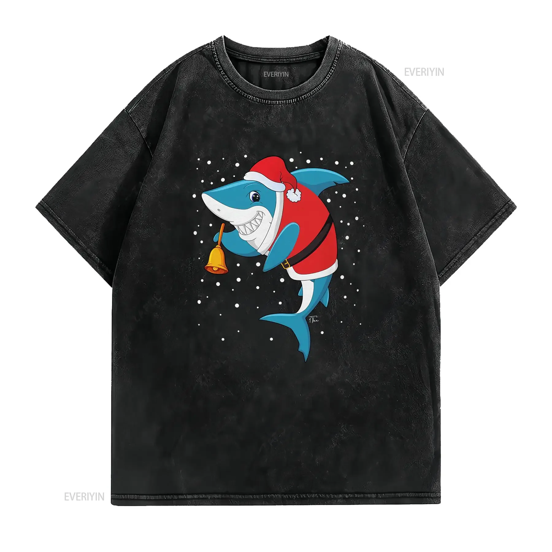 1T T Shirt Mens Happy Christmas Shark Ringing a Bell vintage Washed Stretched Casual Versatile Comfortable designer clothes
