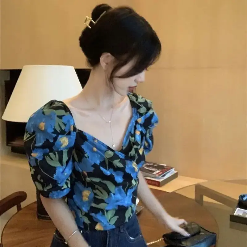French Blue Floral Bubble Sleeve Square Collar Blouse Women Summer Slim  Aesthetic Temperament All-Match Graceful Casual Hot