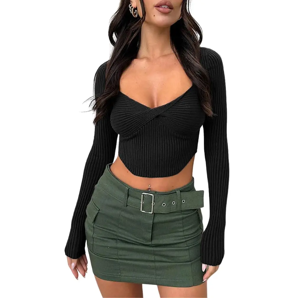 DZ-DZ Frauen sexy Twist Front gestrickt Crop Top Langarm Vierkant ausschnitt solide Slim Fit Pullover 90er Jahre y2k sexy gerippt Pullover Top