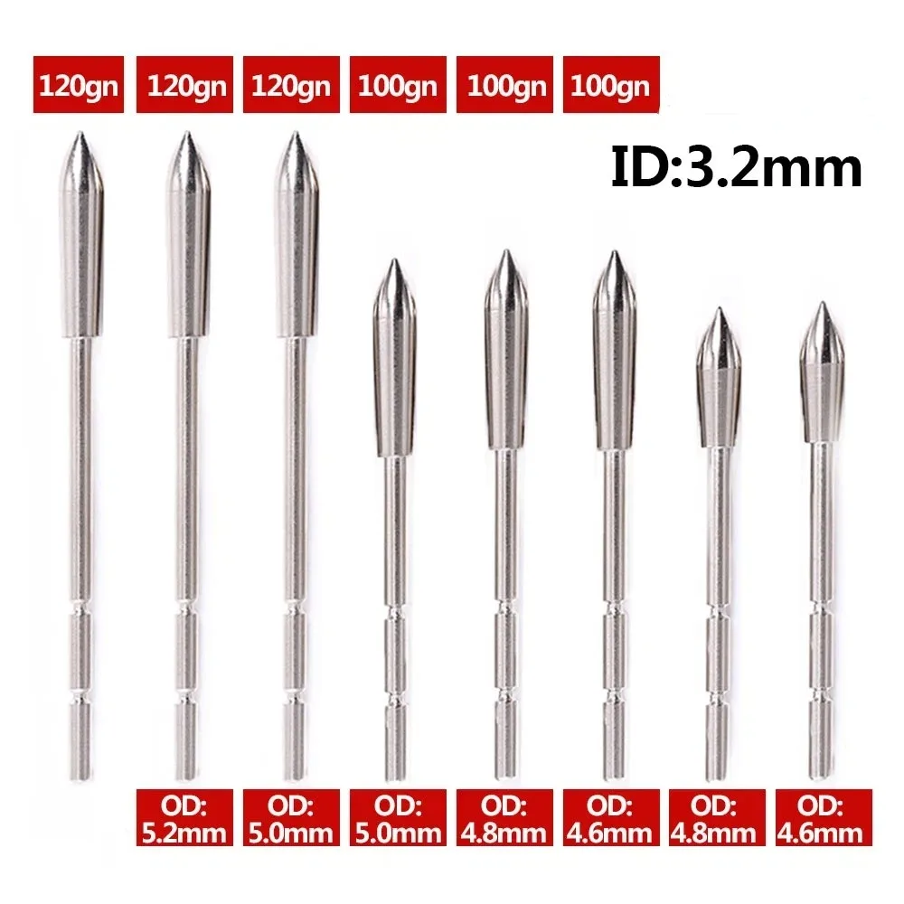 12pcs Archery Tips ID 3.2mm 100/120Grains Stainless Steel Insert ArrowHead for hunting shooting Accessories